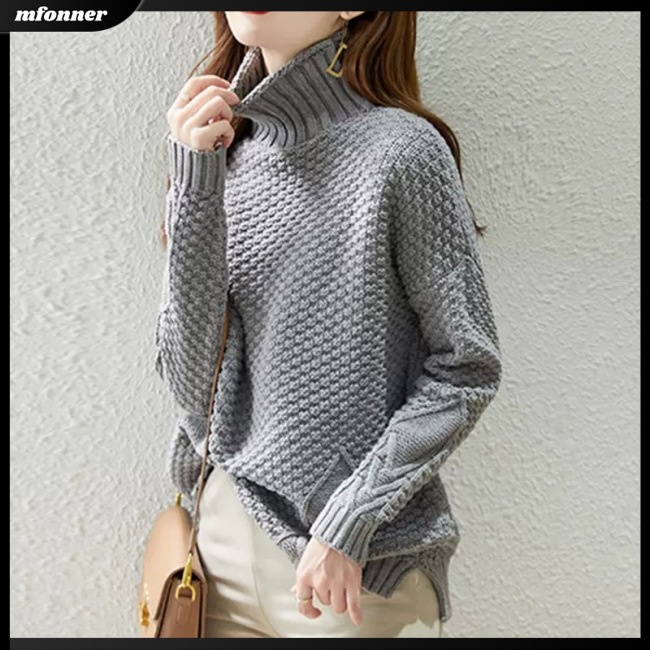 Áo Sweater Dệt Kim Cổ Lọ Tay Dài Màu Trơn Thiết Kế Đơn Giản Thanh Lịch Thời Trang Cho Nữ