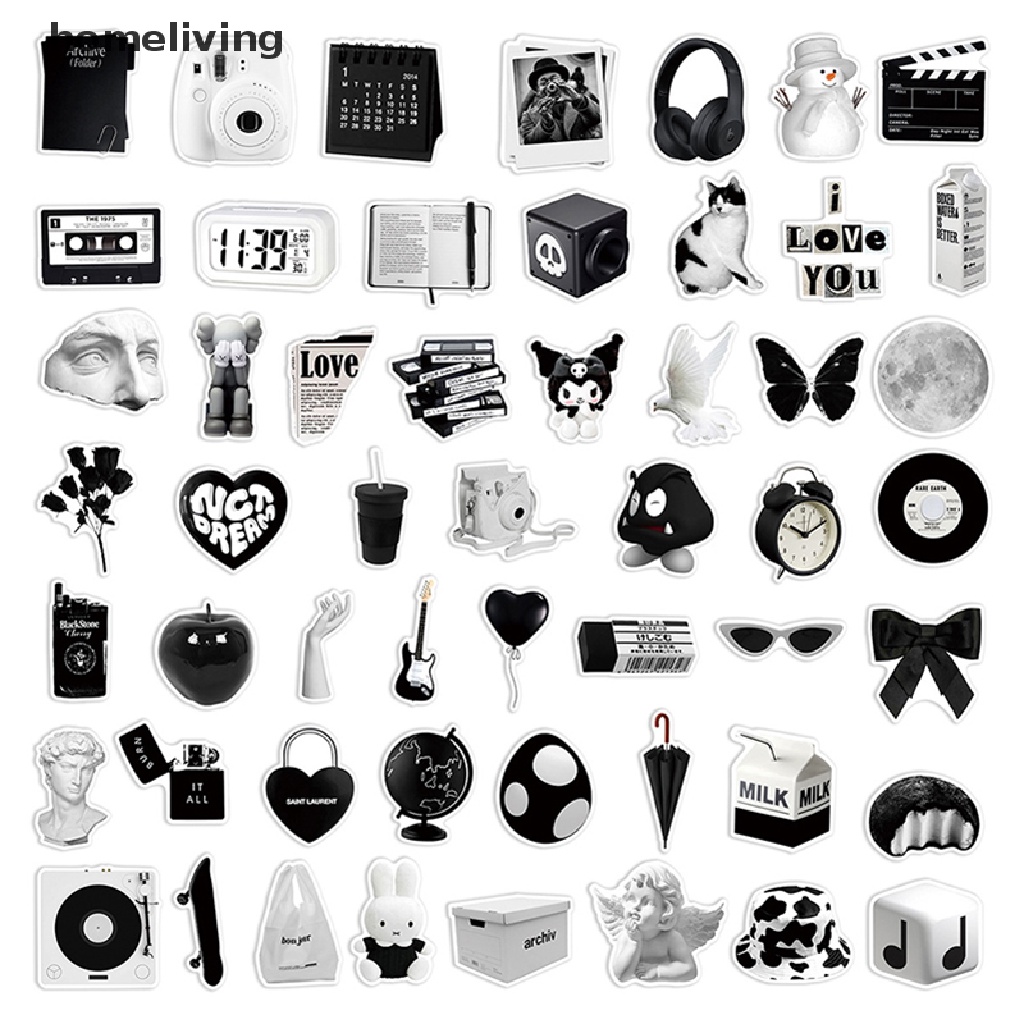 Set 50 Sticker Màu Trắng Đen Trang Trí Sổ Tay DIY