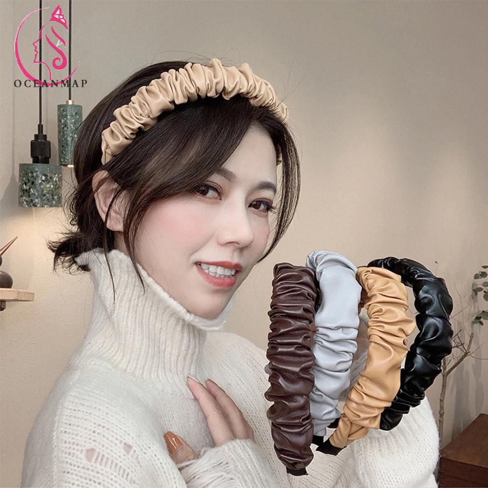 Băng đô da PU nhún nếp màu trơn phong cách Hàn Quốc vintage thời trang cho nữ