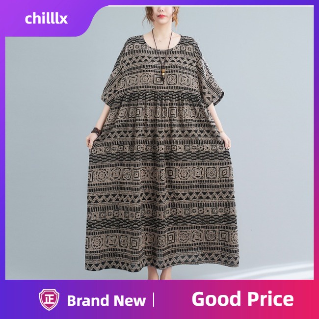 Đầm Midi Chữ A Tay Ngắn Cổ Tròn Dáng Rộng In Họa Tiết Phong Cách Bohemian Cổ Điển Thời Trang Mùa Hè Cho Nữ