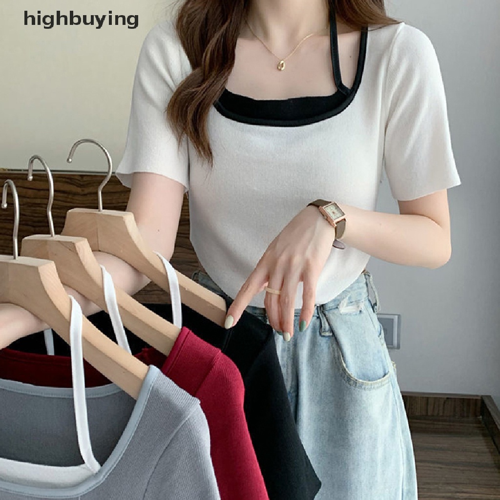 Áo Thun Lửng Ngắn Tay Cổ Vuông Phong Cách Quyến Rũ Dành Cho Nữ