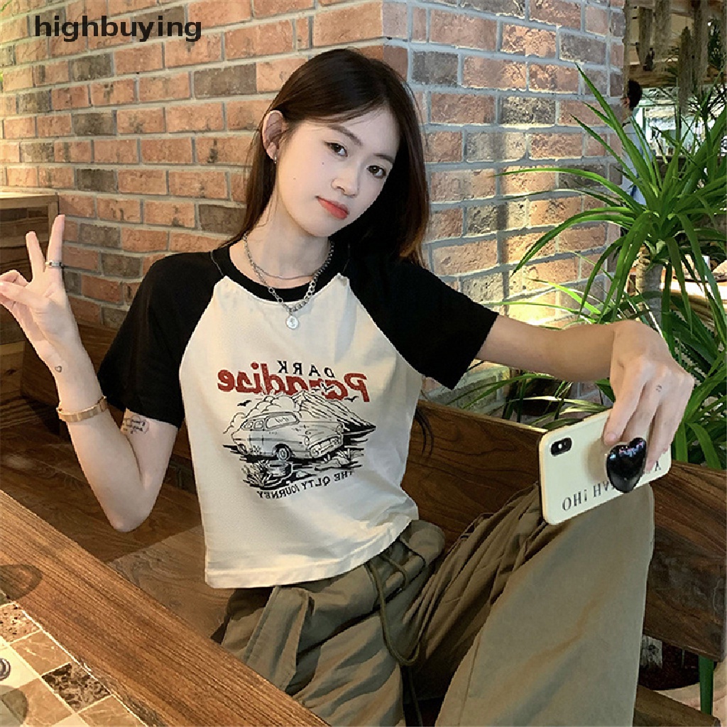 Áo Thun Lửng Ngắn Tay Cổ Tròn In Họa Tiết Phong Cách Retro Mỹ