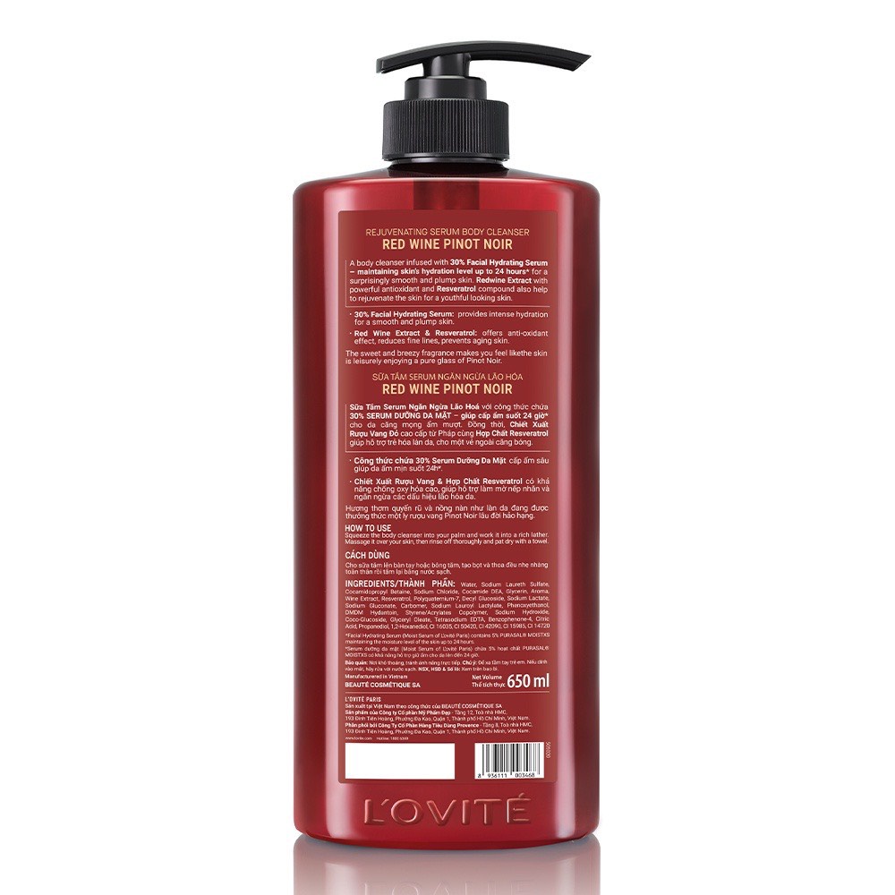 Sữa Tắm Lovite Red Wine Cấp Ẩm Sáng 650ml + MUA 2 TẶNG 1 CHAI CÙNG LOẠI