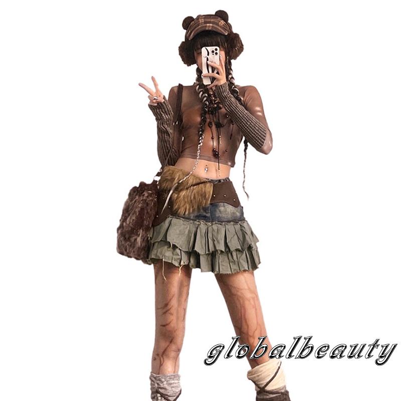 Áo Crop Top Tay Dài Cổ Tròn In Màu Nhuộm Phối Lưới Thời Trang Cho Bạn Gái