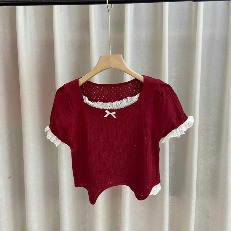 Áo Dệt Kim Cổ Vuông Phối Ren Thiết Kế Độc Đáo Thời Trang Xinh Xắn Cho Nữ