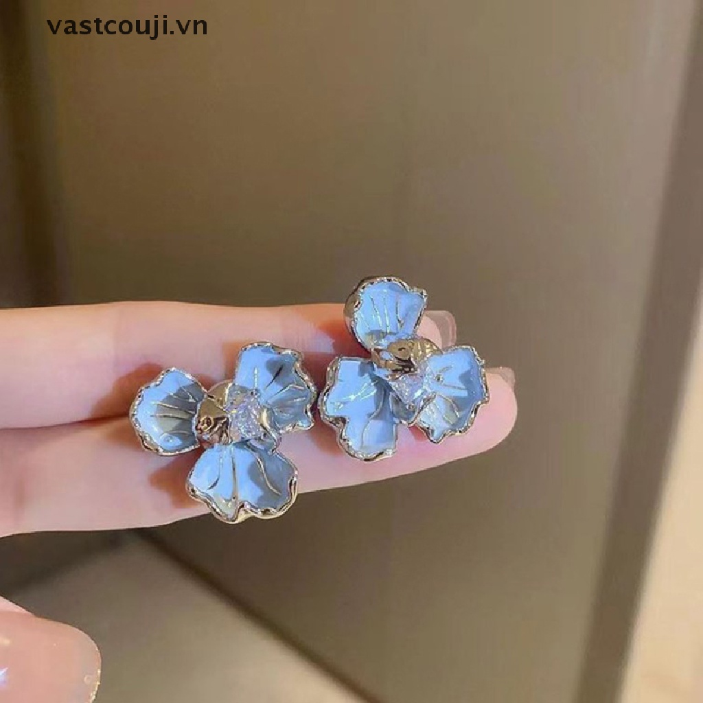 Bông Tai Hình Hoa Đính Pha Lê Màu Xanh Dương Phong Cách Hàn Quốc Cổ Điển Thời Trang Cho Nữ