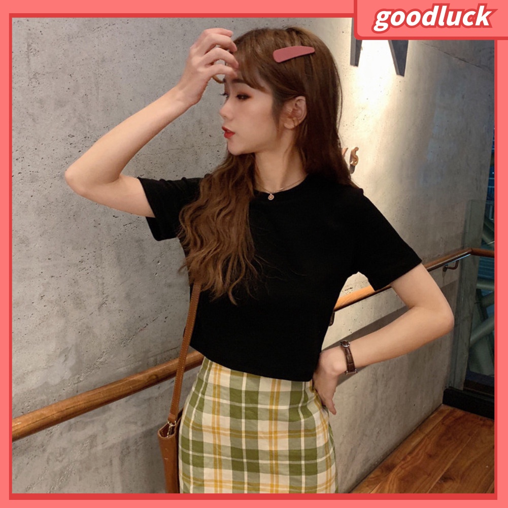 Áo Thun Crop Top Cotton Tay Ngắn Cổ Tròn Màu Trơn Dành Cho Nữ