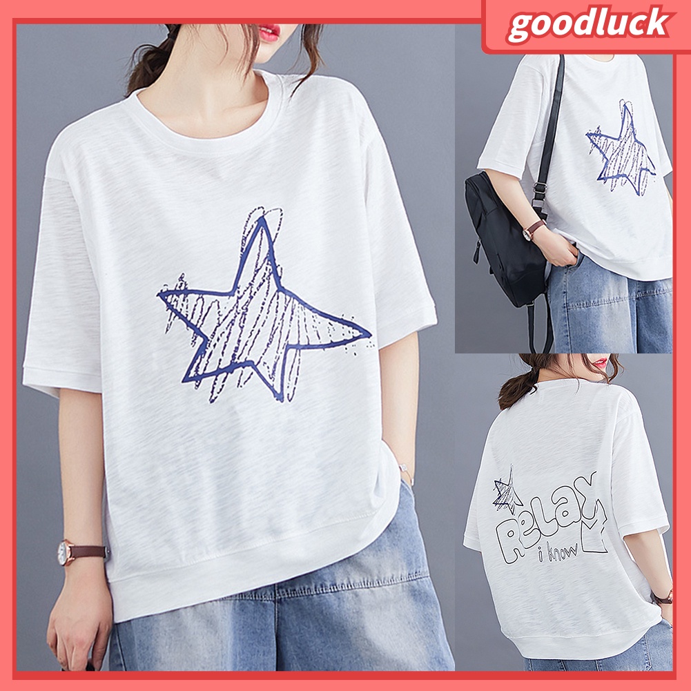 Áo Thun Cotton Tay Ngắn Cổ Tròn In Hình Ngôi Sao Thời Trang Mùa Hè Cho Nữ