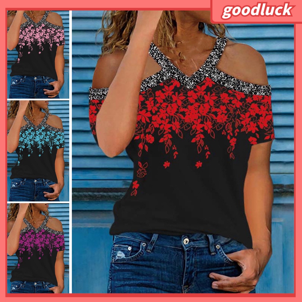 Áo Thun Mùa Hè Khoét Vai In Họa Tiết Hoa Phong Cách Đường Phố Cho Nữ