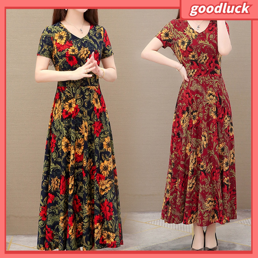 Đầm Maxi Tay Ngắn Cổ Chữ V Dáng Rộng In Họa Tiết Hoa Phong Cách Vintage Thời Trang Mùa Hè Cho Nữ