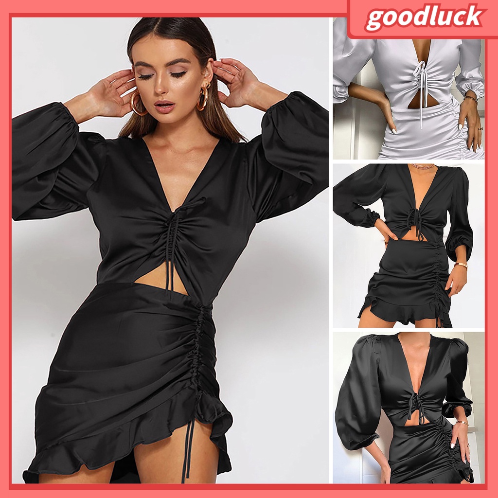 [ULK] Đầm Satin Ôm Dáng Tay Phồng Dài Cổ Chữ V Khoét Sâu Viền Bèo Rỗng