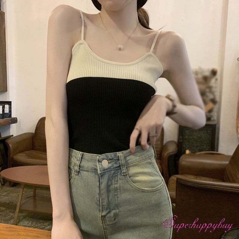 Áo Tank Top Dệt Kim Sát Nách Màu Tương Phản Thời Trang Mùa Hè Cho Nữ
