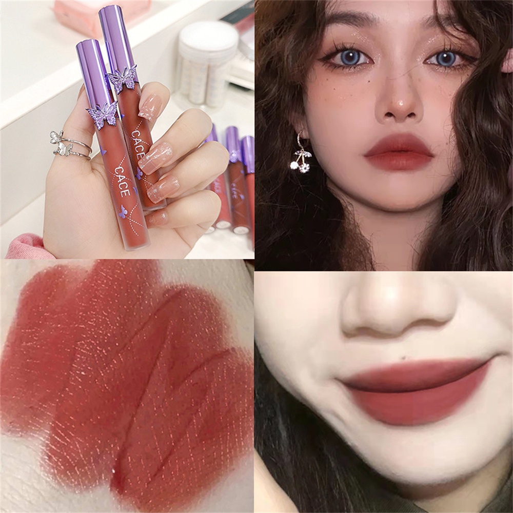 CACE Son Môi Nhung Hình Bướm Mới Son Kem Lì Màu Nude Tự Nhiên Dễ Lên Màu Đều Màu Son Môi Dạng Lỏng Lâu Trôi 6 Màu