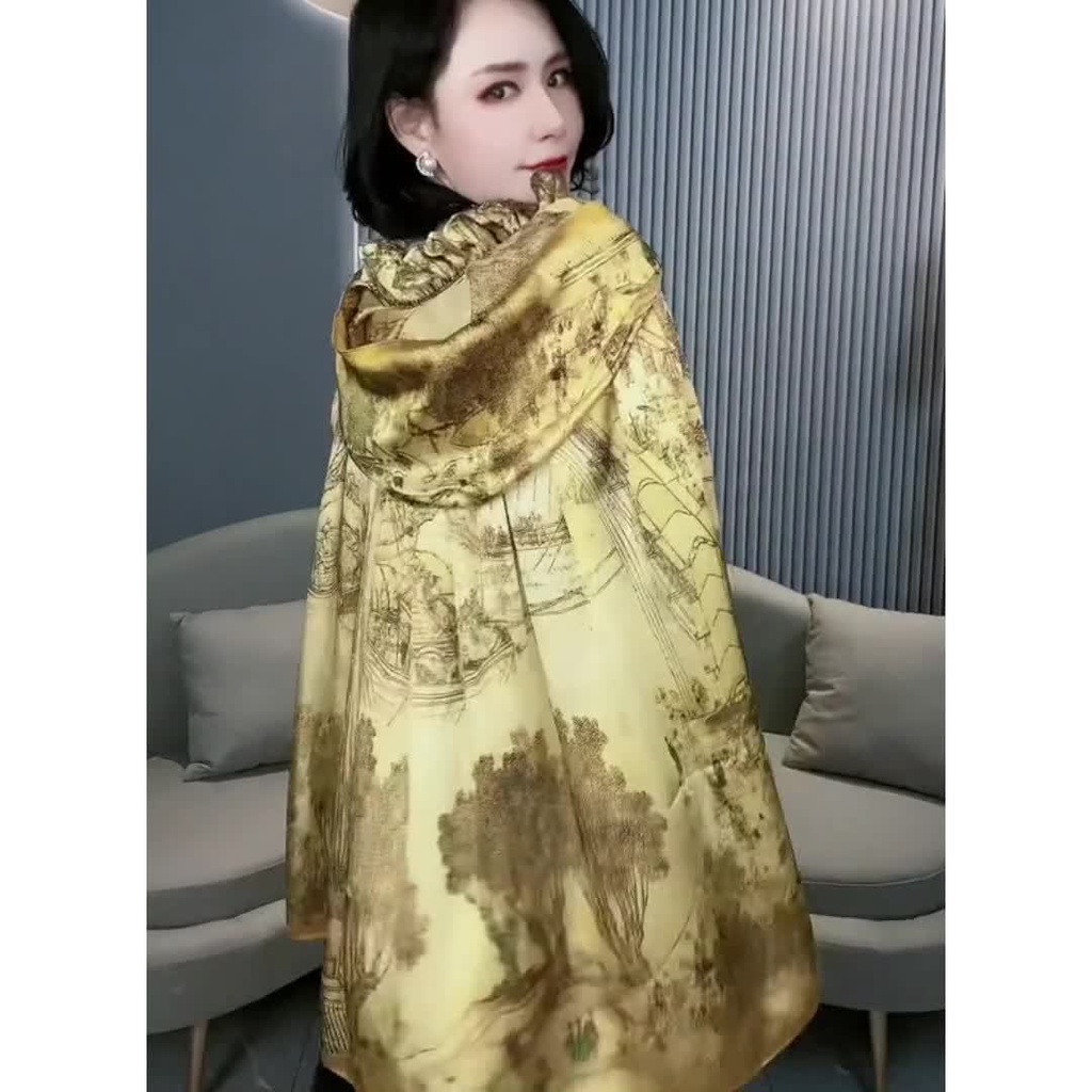 Áo Choàng Chống Nắng Mùa Hè Bằng Lụa Satin Có Mũ Trùm Đầu Cổ Lá Sen Phong Cách Qingming Shanghe Thời Trang Mới