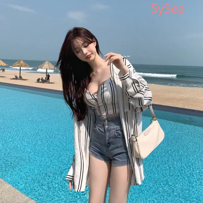 Set Áo Sơ Mi + Áo Hai Dây Chống Nắng Họa Tiết Kẻ Sọc Thời Trang Mùa Hè Cho Nữ