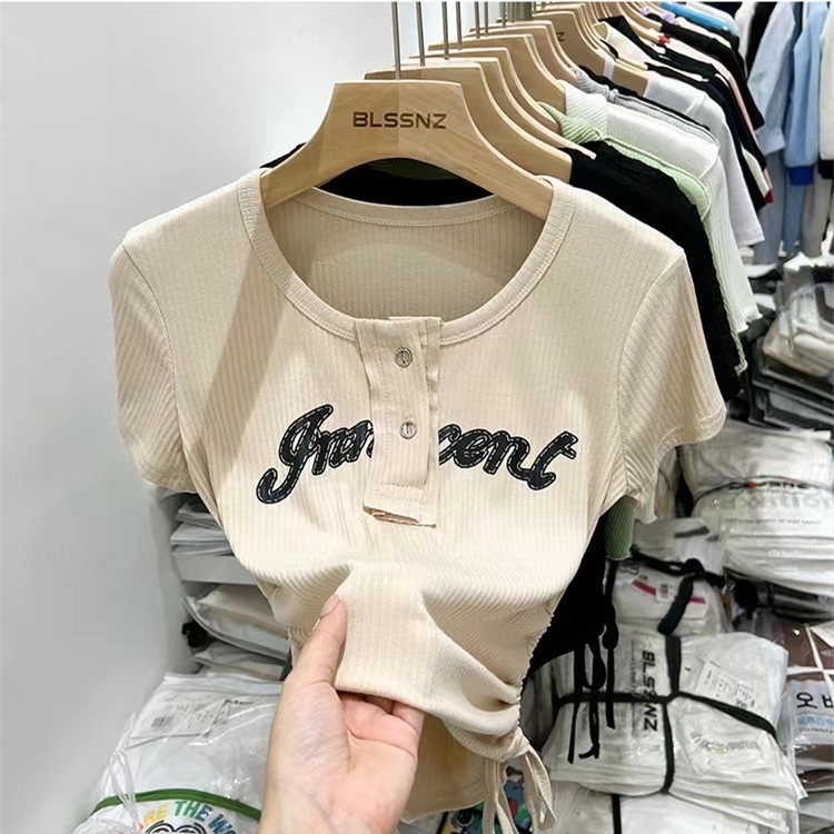 Áo Thun Dệt Kim Ngắn Tay Ôm Dáng Phối Dây Rút Phong Cách Retro Mỹ Thời Trang Mùa Hè Cho Nữ