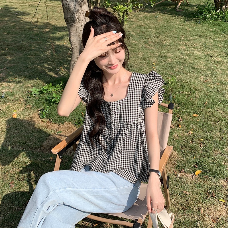 Áo Kiểu Cổ Vuông Tay Bèo Họa Tiết Sọc Caro Phong Cách Pháp Thời Trang Cho Nữ