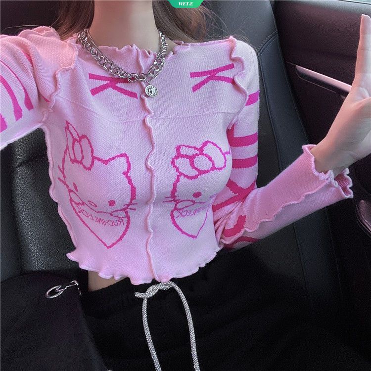 Áo Sweater Dệt Kim Tay Dài Dáng Ôm In Hoạt Hình Sanrio Kitty Thời Trang Xuân Thu 2023 Cho Nữ