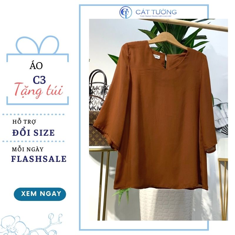 Áo kiểu trung niên vải đũi mát nhẹ màu cam đất C3, quà tặng cho mẹ, cho bà - Thời trang Cát Tường