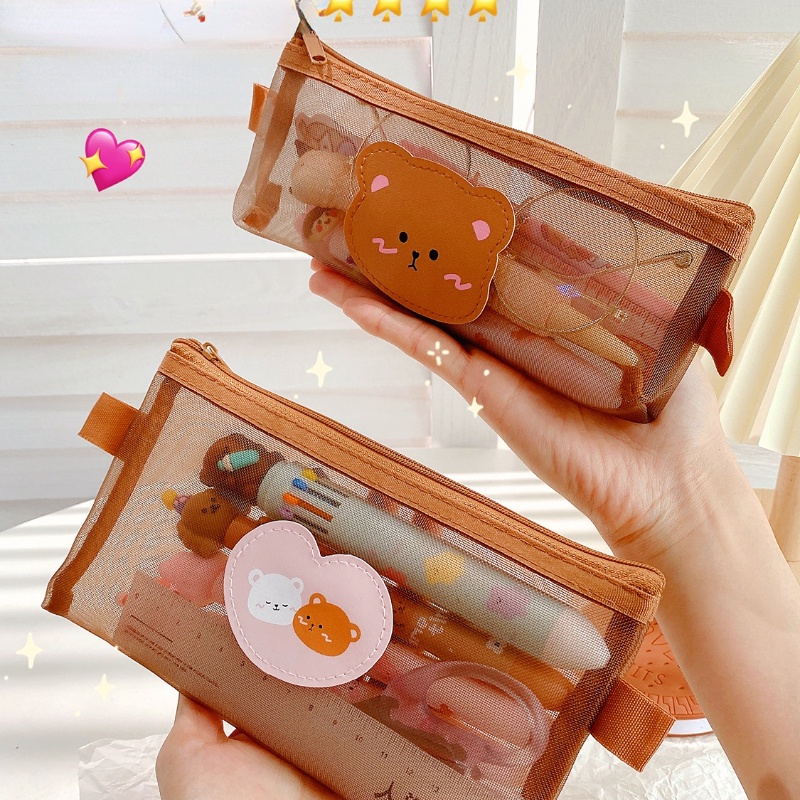 Túi Lưới Đựng Đồ Trang Điểm Họa Tiết Gấu Dễ Thương Phong Cách Nhật Bản
