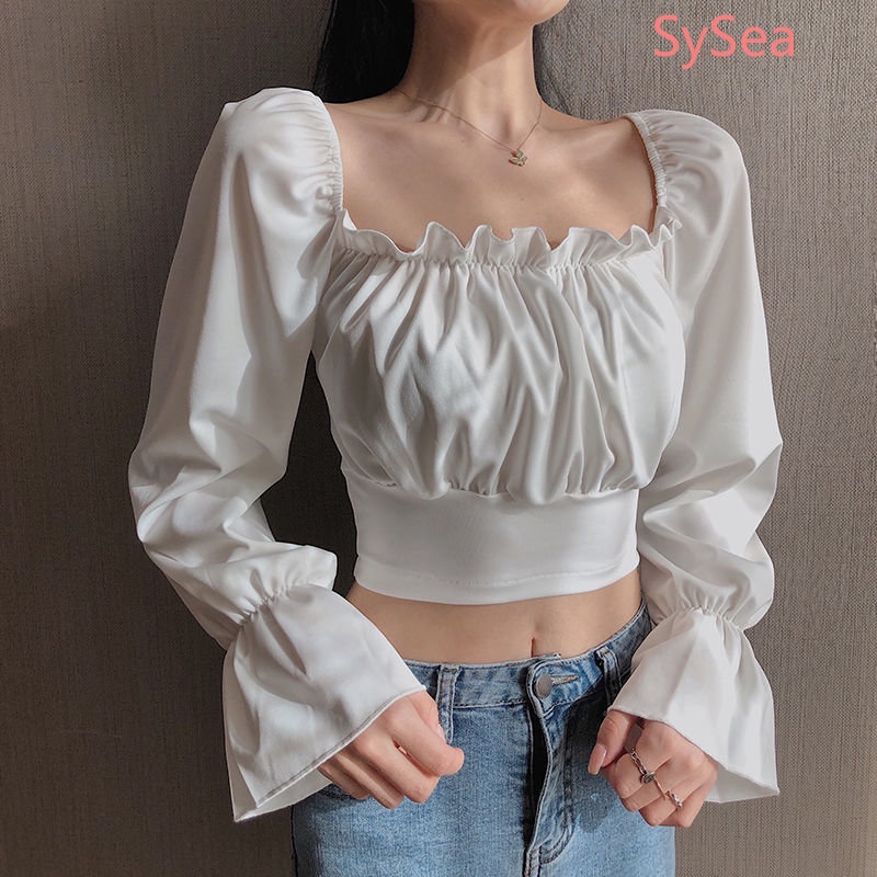 Áo Kiểu Tay Phồng Cổ Vuông Phối Ren Phong Cách Pháp Xinh Xắn Cho Nữ