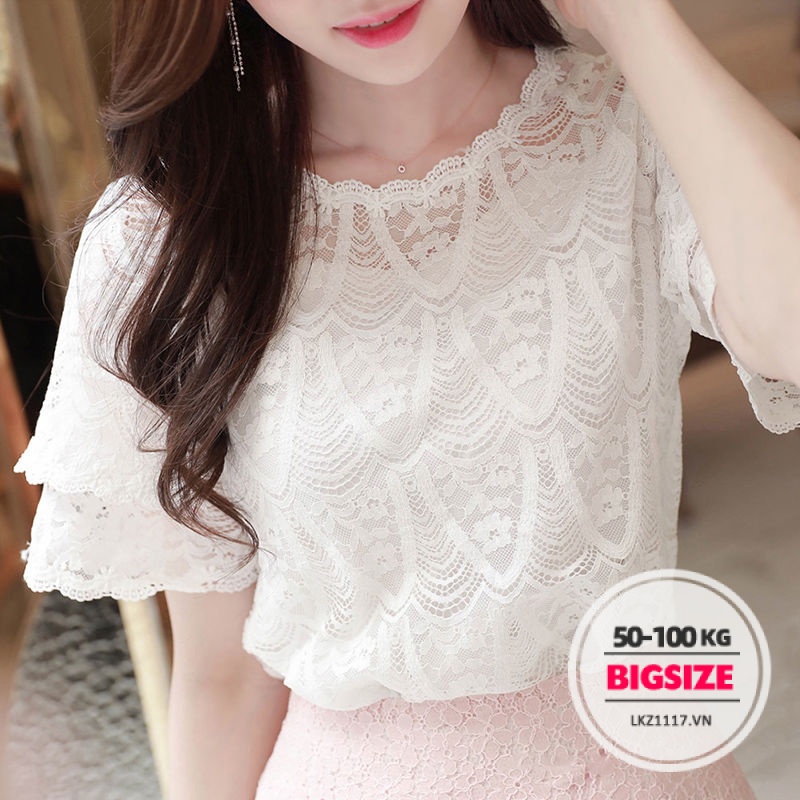 Áo ren tiểu thư Bigsize Áo kiểu nữ form rộng tay ngắn cổ tròn mùa hè Phong cách Hàn Quốc Thời Trang tiểu thư cá tính xinh đẹp bigsizegiaree