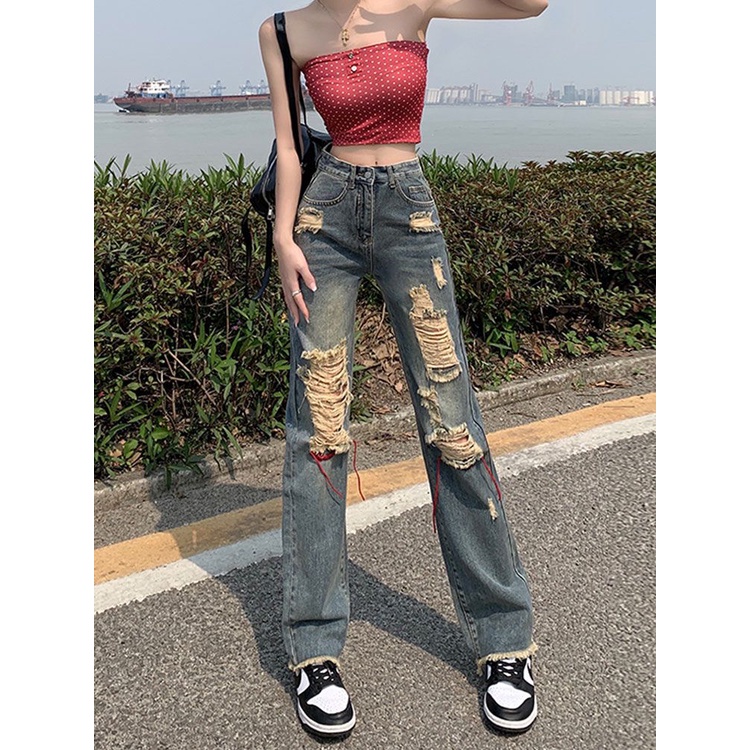 COZOKC Quần Jeans Skinny Lưng Cao Phối Rách Phong Cách Vintage