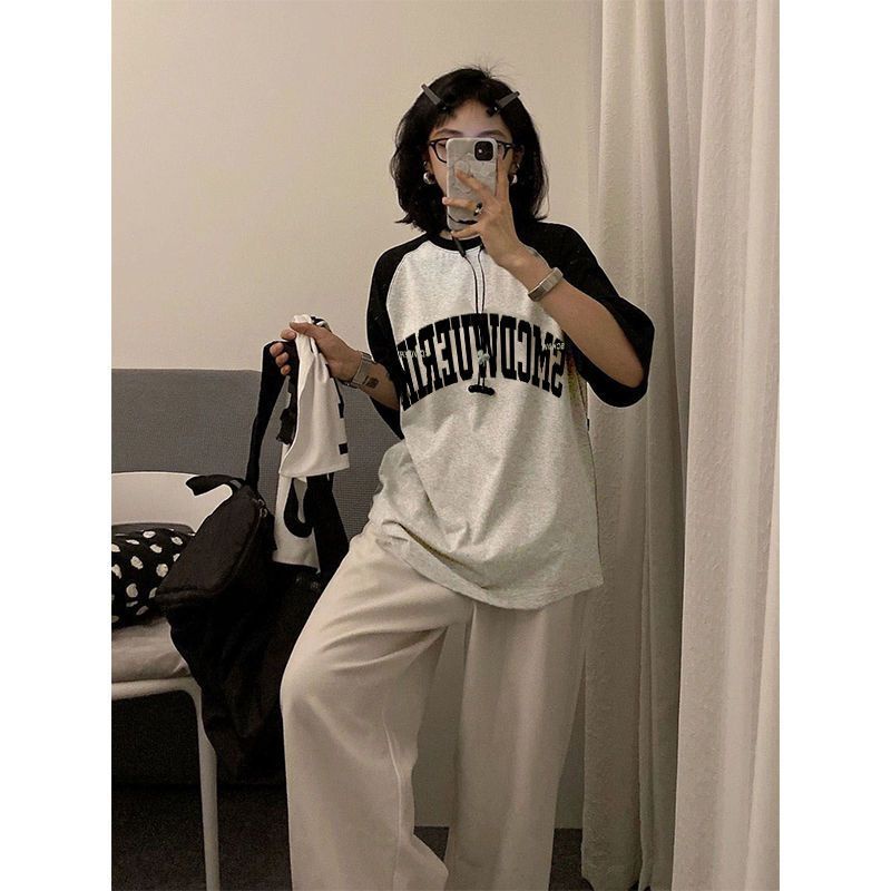 Áo Thun Raglan Tay Ngắn Màu Sắc Tương Phản Phong Cách Hong Kong Thời Trang Mùa Hè Cho Nữ