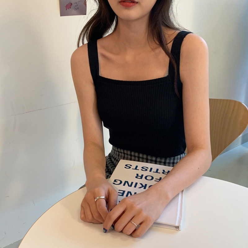 Áo Croptop Dệt Kim Cổ Vuông Dây Bản Rộng Thời Trang Mùa Hè Cho Nữ