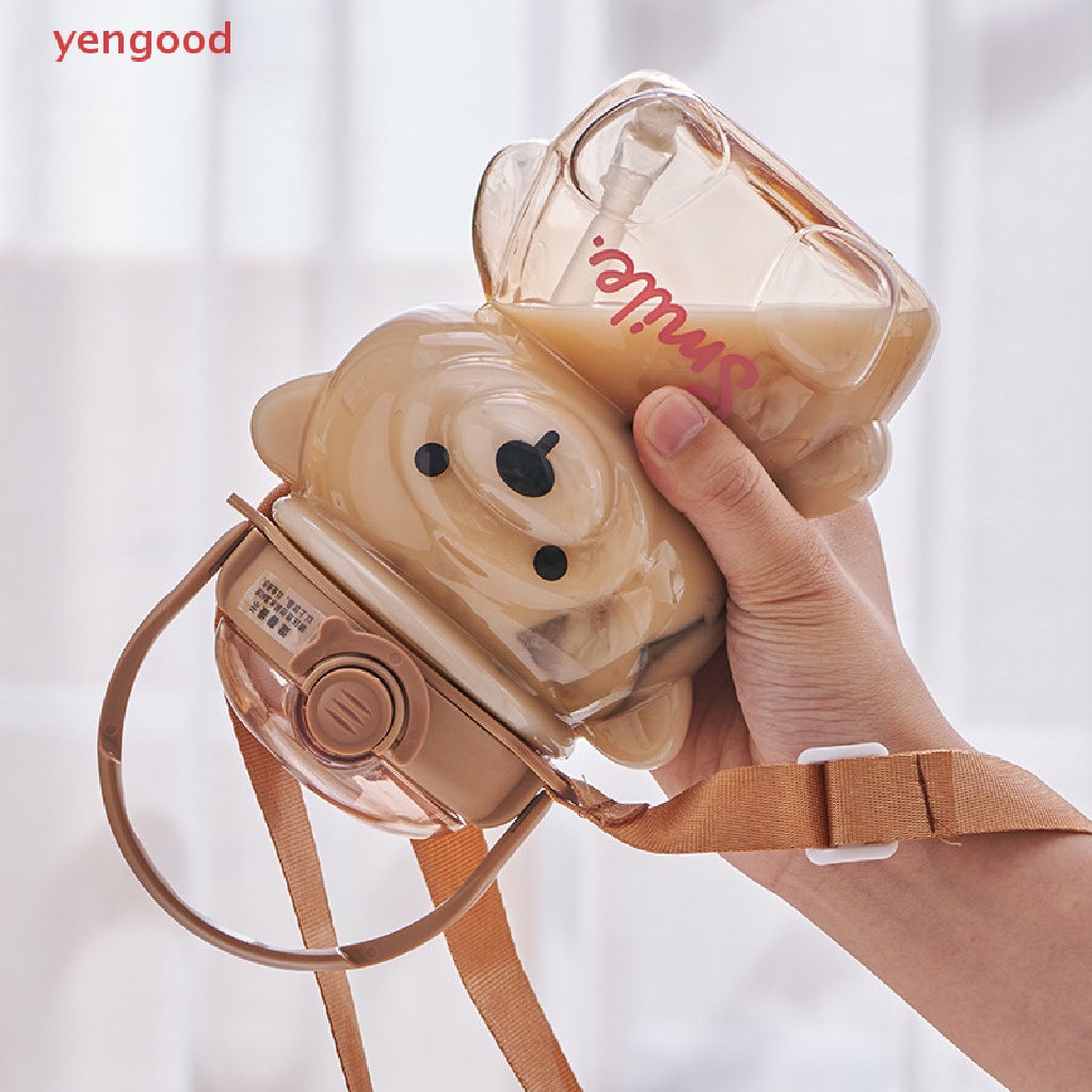 Bình Đựng Nước Bằng Nhựa Cỡ Lớn 1000ml Kèm Ống Hút Họa Tiết Hoạt Hình Gấu Dễ Thương Cho Bé Gái