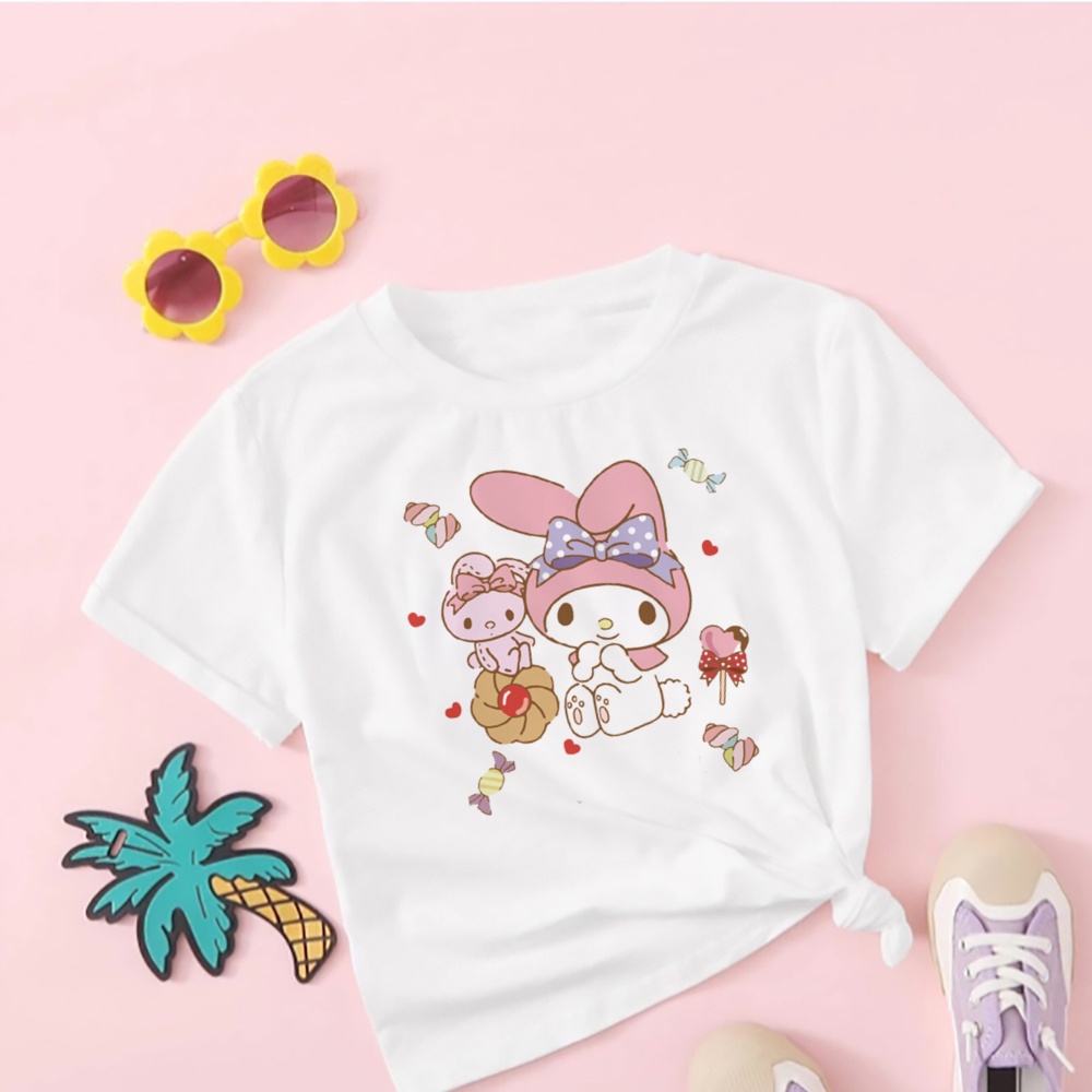 Dễ Thương Kuromi Giai Điệu Bé Gái Áo Thun Tay Ngắn Hoạt Hình Mùa Hè Mới Hoạt Hình Ngọt Ngào Thường Ngày Quần Áo Trẻ Em