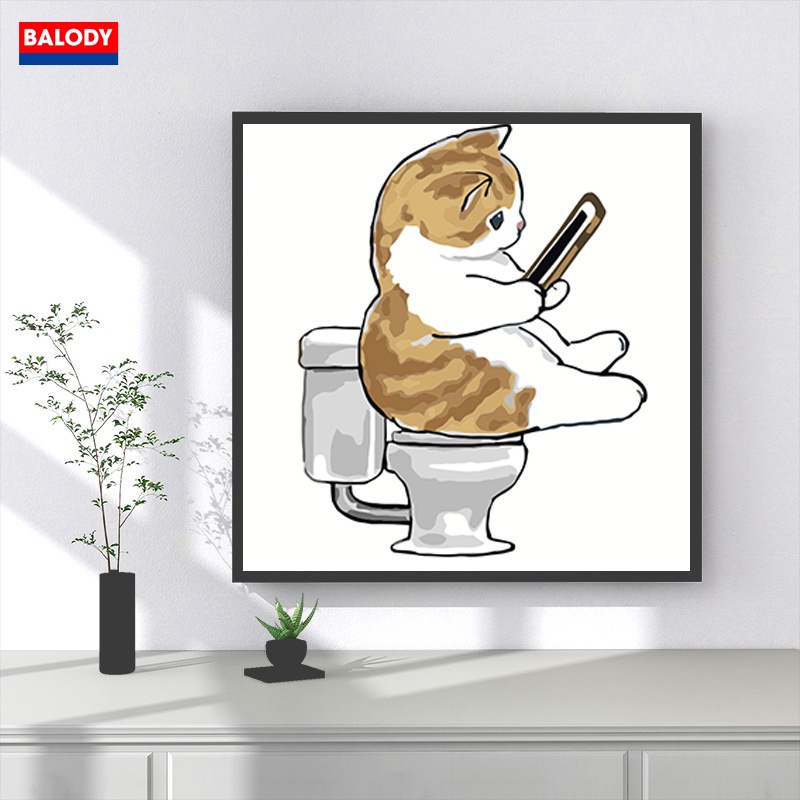 "Tranh Sơn dầu Số hóa Mèo Chibi Pet đẹp, dễ thương có khung BALODY 20x20cm treo tường