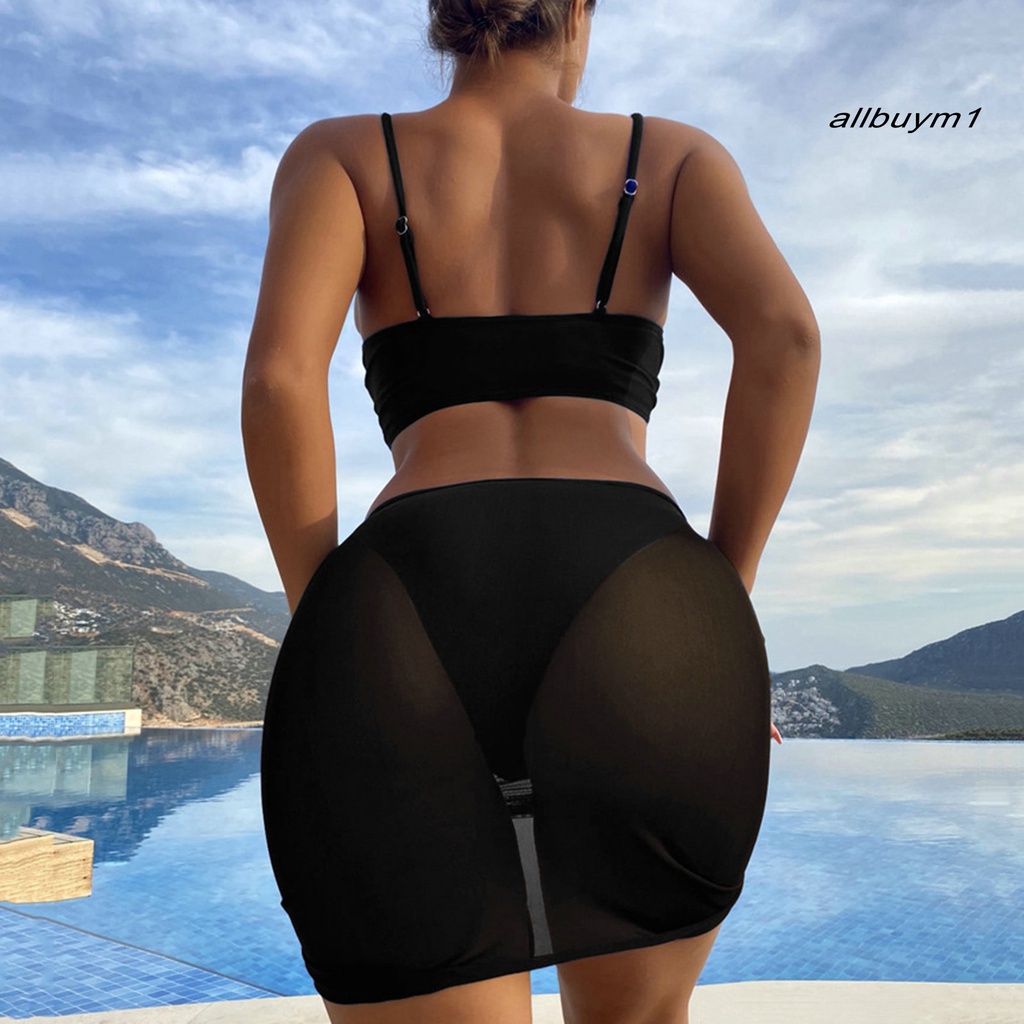 Set 3 Món Đồ Bơi Lộ Lưng Cao Có Đệm Ngực Và Chân Váy Dây Rút Hình Vỏ Sò Gợi Cảm