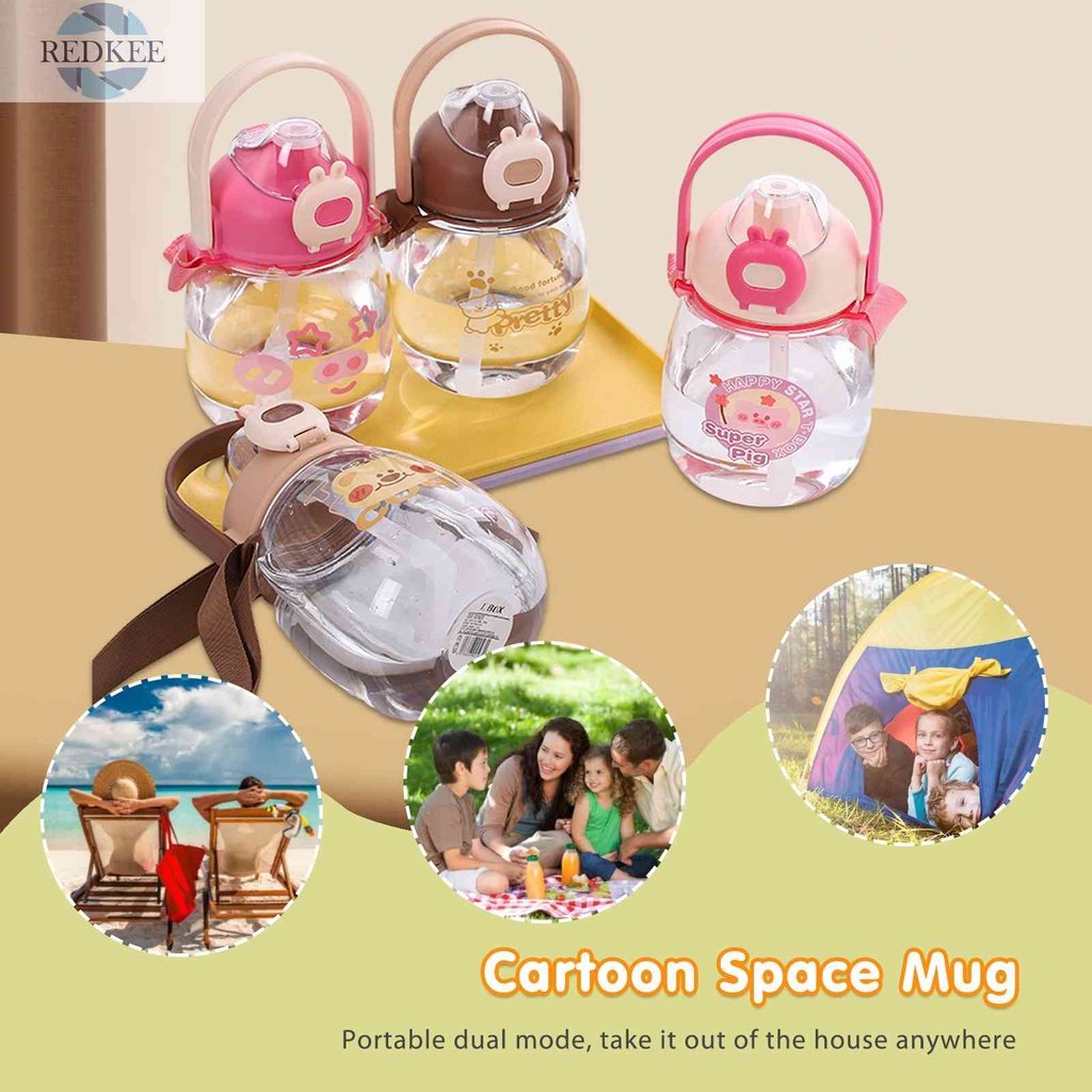 Bình Nước Nhựa 1000ml Có Ống Hút Họa Tiết Hoạt Hình Màu Sắc Ngẫu Nhiên