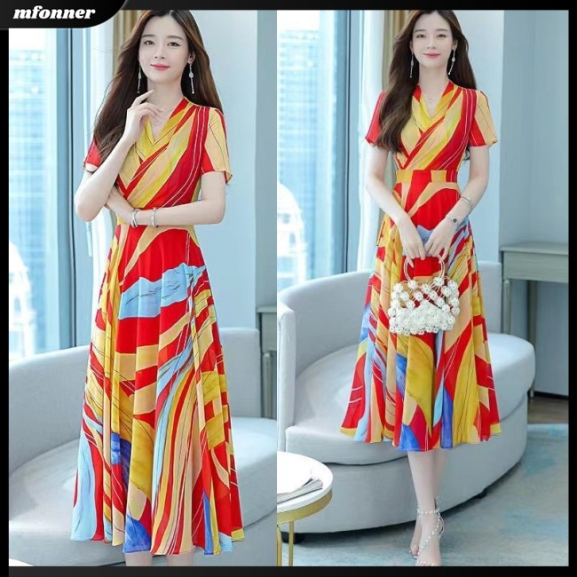 Đầm Chữ A Tay Ngắn Cổ Chữ V In Họa Tiết Thời Trang Cho Nữ