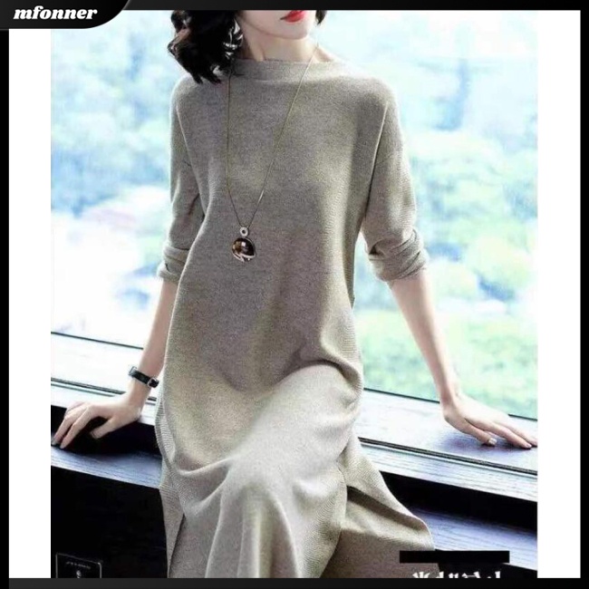 Đầm Tay Dài Cổ Tròn Dáng Rộng Xẻ Tà Màu Trơn Thời Trang Cho Nữ