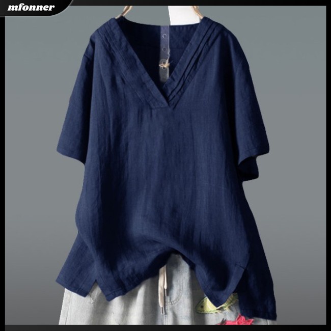 Áo Sơ Mi Cotton Lanh Tay Ngắn Dáng Rộng Cổ Chữ V Nhiều Màu Sắc Thời Trang Mùa Hè Cho Nữ