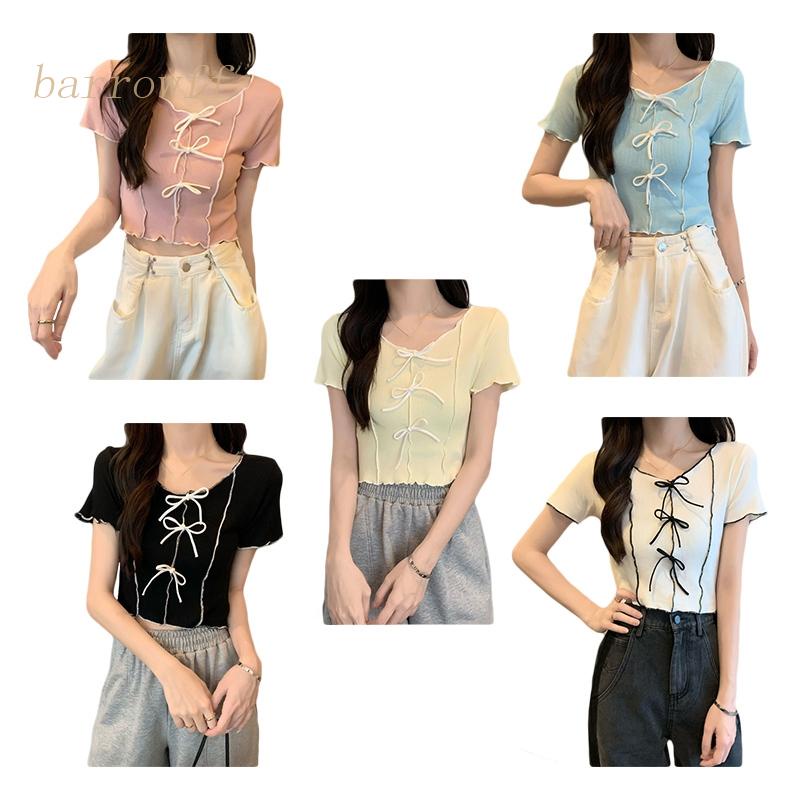 Áo Thun Croptop Dệt Kim Tay Ngắn Cổ Tròn Phối Nơ Họa Tiết Kẻ Sọc Màu Tương Phản Dễ Thương Thời Trang Cho Nữ