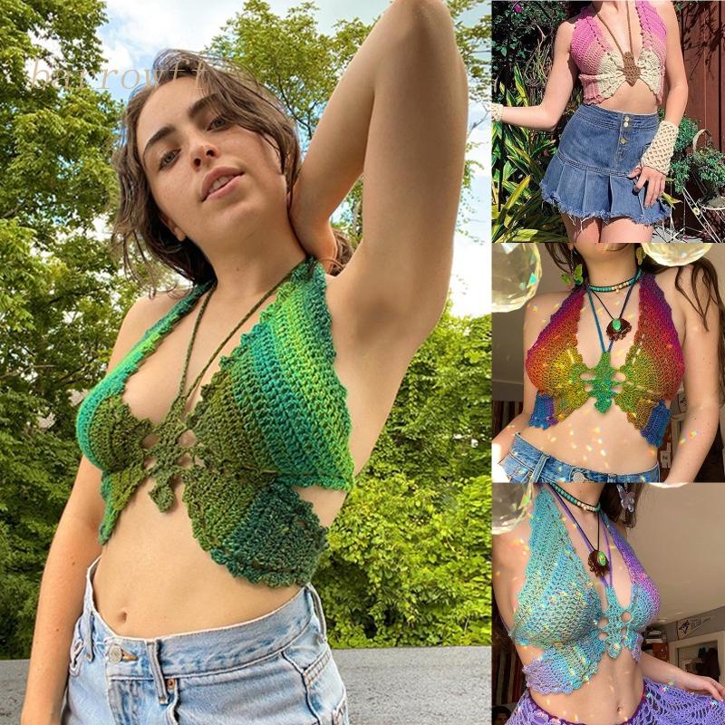 Áo Croptop Dệt Kim Họa Tiết Bướm Rỗng Thời Trang Quyến Rũ Cho Nữ