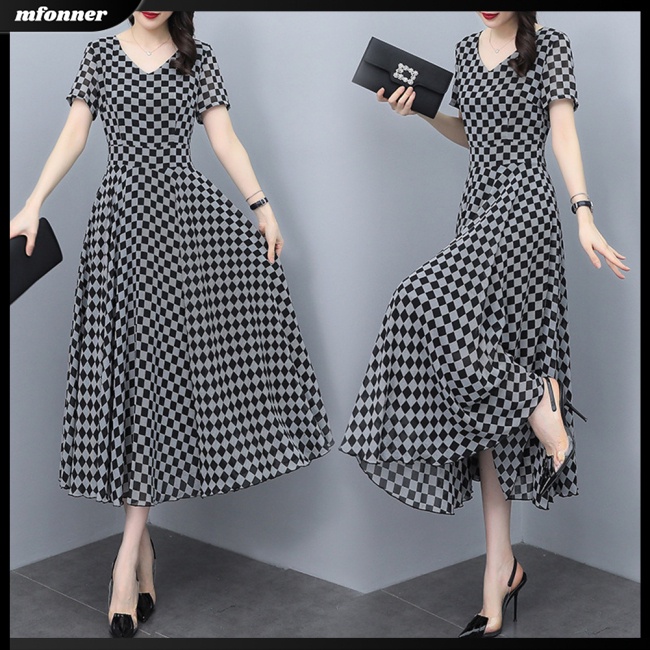 Đầm Midi Tay Ngắn Cổ Chữ V Họa Tiết Caro Thời Trang Mùa Hè Cho Nữ