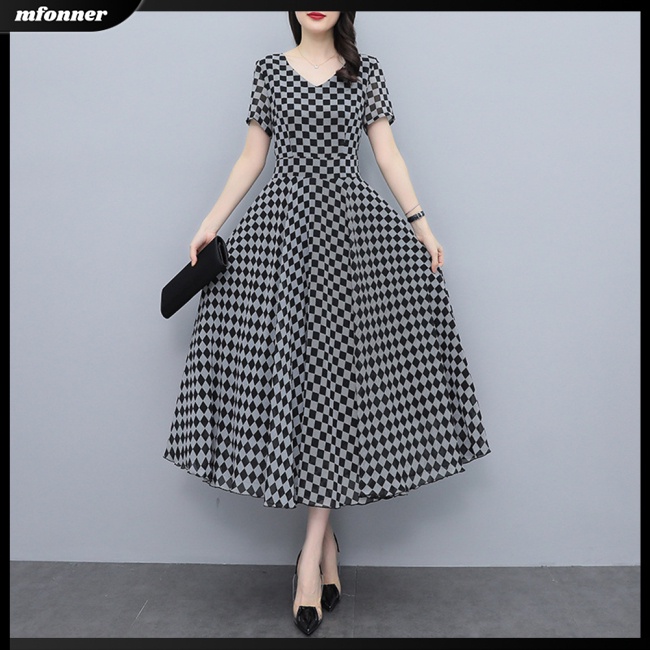 Đầm Midi Tay Ngắn Cổ Chữ V Họa Tiết Caro Thời Trang Mùa Hè Cho Nữ