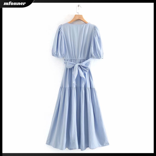 Đầm Dài Tay Ngắn Phồng Cổ Chữ V Màu Trơn Thanh Lịch Thời Trang Mùa Hè Dành Cho Nữ