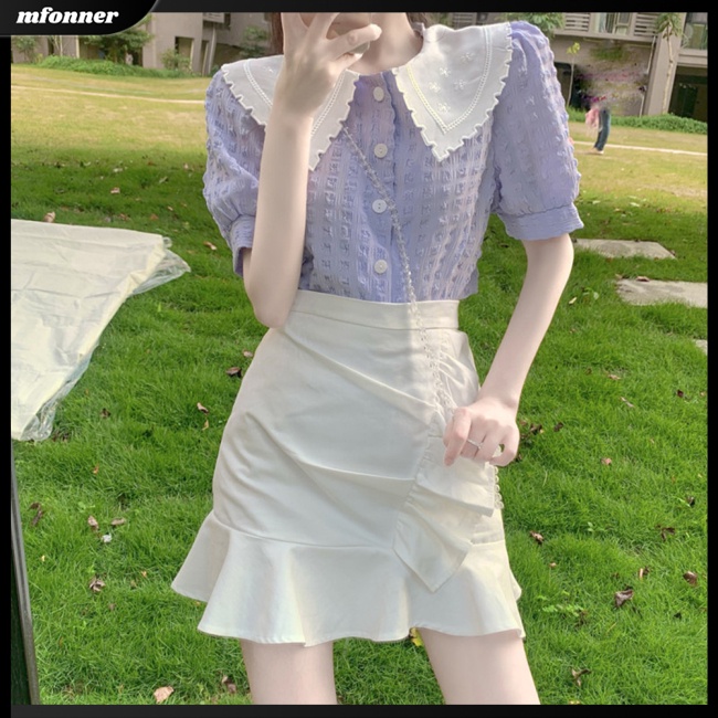 Áo Sơ Mi Cotton Tay Phồng Ngắn Cổ Búp Bê Phong Cách Retro Pháp Cho Nữ