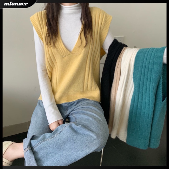 Áo Dệt Kim Sát Nách Dáng Rộng Cổ Chữ V Màu Sắc Retro Dành Cho Nữ