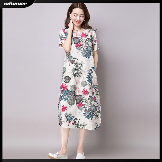 Đầm Cotton Pha Dáng Rộng Cổ Tròn Tay Ngắn In Hoa Xinh Xắn Cho Nữ