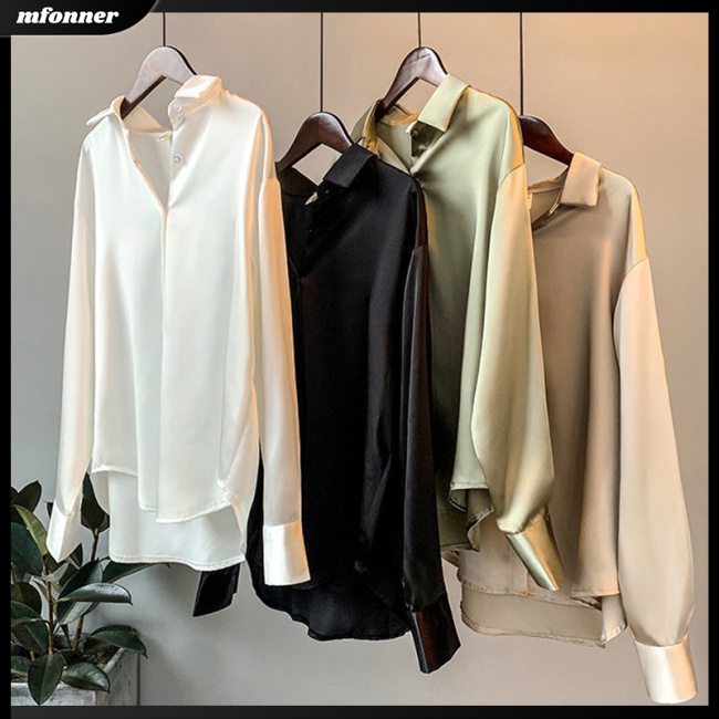 Áo Sơ Mi Satin Dài Tay Dáng Rộng Màu Sắc Đơn Giản Thanh Lịch Cho Nữ