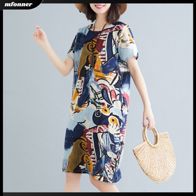 Đầm Midi Tay Ngắn In Họa Tiết Thổ Cẩm Cổ Điển Thời Trang Mùa Hè Xinh Xắn Cho Nữ