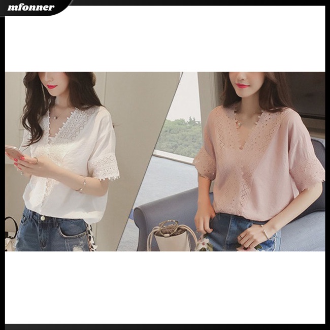 Áo Thun Nữ Cổ Chữ V Phối Ren Lỗ Đơn Giản Dễ Phối Đồ