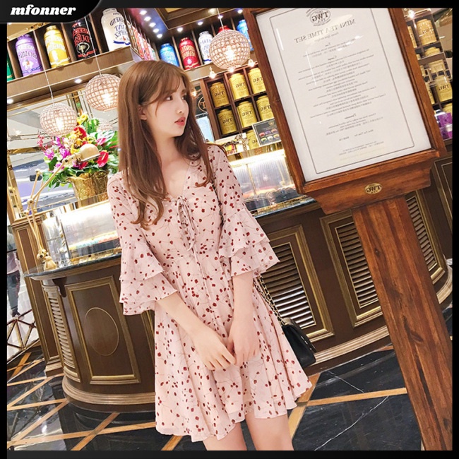 Đầm Hoa Cổ Chữ V Phối Bèo Lá Sen Xinh Xắn Thời Trang Mùa Hè Cho Nữ