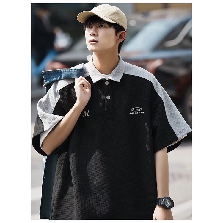 Áo polo Tay Ngắn Dáng Rộng Phối Màu Tương Phản Thời Trang Mùa Hè Phong Cách Mỹ Cho Nam
